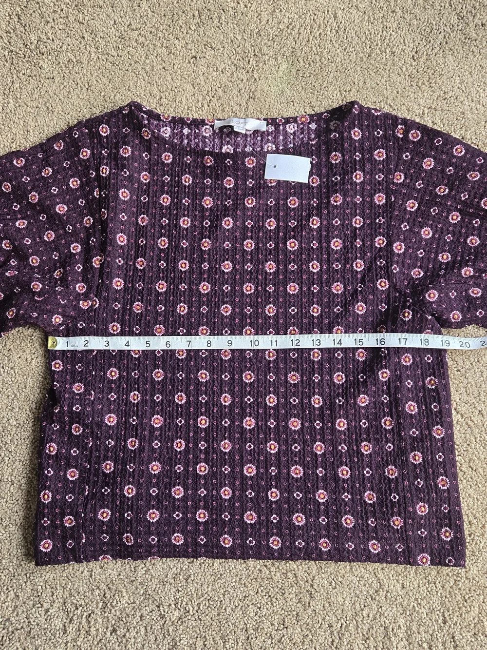 NWT LOFT Textured Smocked Floral Top M Plum Purple Puff 3/4 Sleeve Blouse Boho